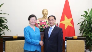 Deputy Prime Minister and Minister of Foreign Affairs Bui Thanh Son (R) receives Cambodian Ambassador to Viet Nam Chea Kimtha in Ha Noi on July 31. (Photo: Ministry of Foreign Affairs) 