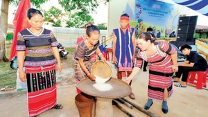 Members of the Xtieng ethnic group in Tan Hung Commune pound rice during the new rice festival.