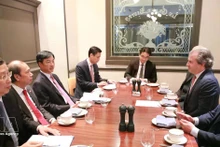 Nguyen Duy Ngoc (third from left), Politburo member and deputy head of the Central Steering Committee for the Development of Science, Technology, Innovation and Digital Transformation, chairs a working session with representatives from Rosen Partners (Photo: VNA)