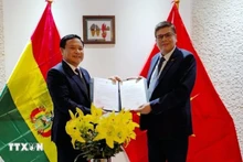 Ambassador Bui Van Nghi (L) presents the decision of Deputy Prime Minister and Minister of Foreign Affairs Bui Thanh Son on reappointing Miguel Angel Pérez Peña as Honorary Consul of Vietnam in Bolivia. (Photo: VNA)