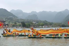 A procession of dragon boats carries sacred water from Tam Chuc Lake to Ngoc Mountain. (Photo: DAO PHUONG)