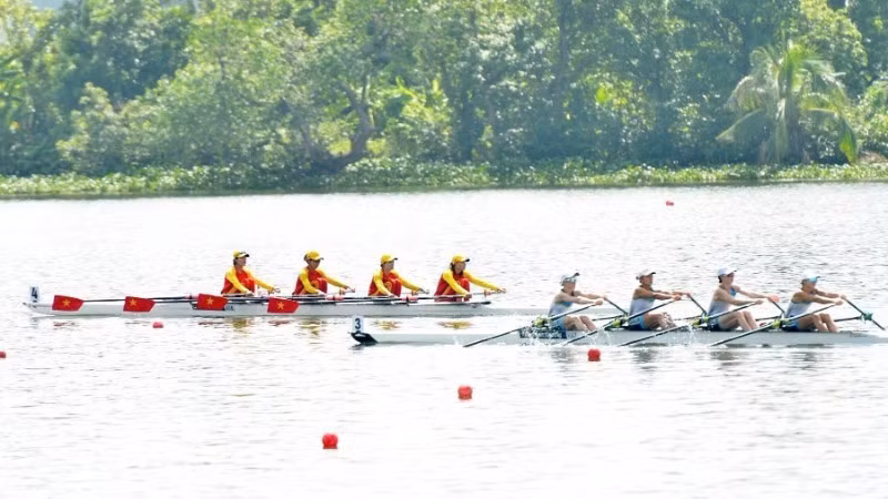 The women's four rowing team competes in the final event of the Asian Championships. (Photo: vhttdlhp.vn)