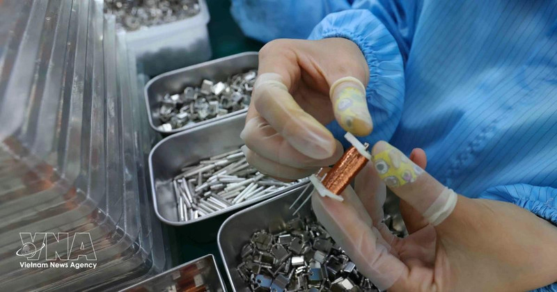 Electronic components are manufactured at the SANYOU VIETNAM Electronic Equipment Co., Ltd. in Tu Ha Industrial Park, Hue city. (Photo: VNA)