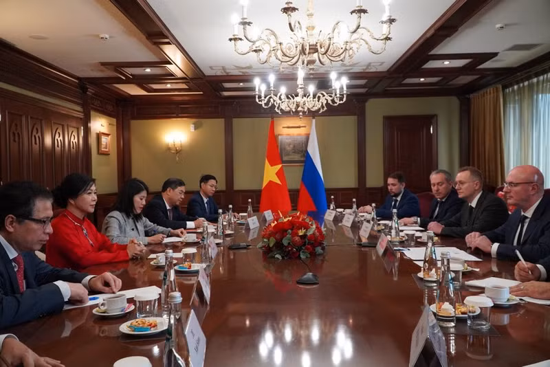 An overview of the working session between Madam Ngo Phuong Ly and Russian Deputy Prime Minister Dmitry Chernyshenko (Photo: VNA)