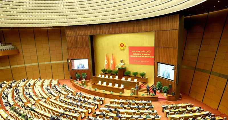 A view of the national conference held by the Politburo and the Secretariat of the Party Central Committee to disseminate and implement the Resolution of the 14th National Party Congress, on February 7 (Photo: VNA)