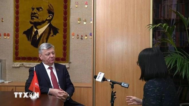Dmitry Georgievich Novikov, first vice chairman of the Communist Party of the Russian Federation (KPRF) and a member of the State Duma, in an interview with a Viet Nam News Agency correspondent in Russia. (Photo: VNA)