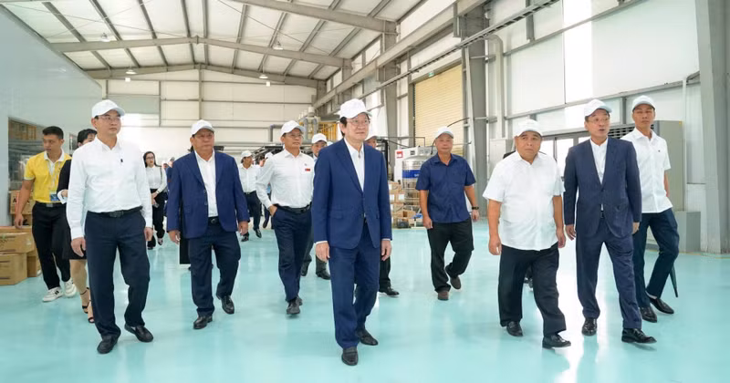 Former State President Truong Tan Sang, Deputy Prime Minister Nguyen Chi Dung, and delegates visited Onaga Company at HANSSIP. (Photo: NDO)