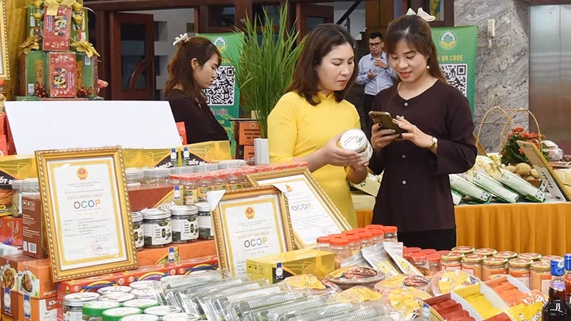 Checking product origin at the Hai Phong OCOP fair. (Photo: NDO)