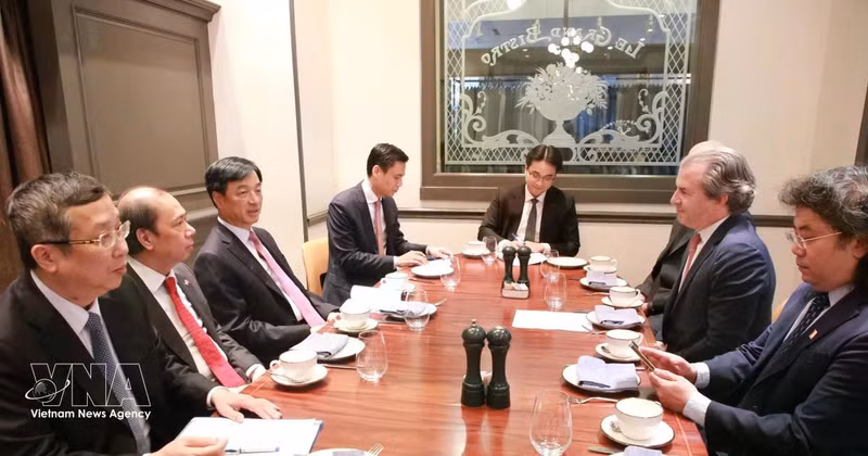 Nguyen Duy Ngoc (third from left), Politburo member and deputy head of the Central Steering Committee for the Development of Science, Technology, Innovation and Digital Transformation, chairs a working session with representatives from Rosen Partners (Photo: VNA)
