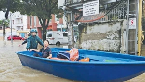 Rescue teams assist residents in the flooded area on Xuan Hoa Street, Phan Dinh Phung Ward, Thai Nguyen. (Photo: Thai Nguyen Newspaper)