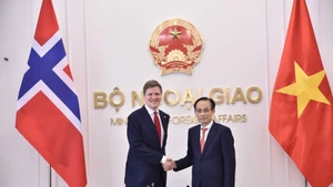 Minister of Foreign Affairs Le Hoai Trung (right) and Norwegian Minister of International Development Åsmund Aukrust at their meeting on February 10. (Photo: baoquocte.vn)