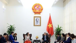 Deputy Prime Minister Tran Hong Ha meets with UNDP Resident Representative Ramla Khalidi and WHO Representative in Viet Nam Angela Pratt in Ha Noi on March 11. (Photo: VNA)