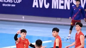 The Vietnamese men's volleyball team compete at the AVC Nations Cup in Bahrain. (Photo baovanhoa.vn)