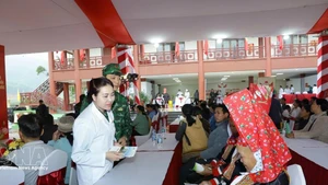 Medical personnel from the armed forces of Viet Nam and China jointly provide health check-ups for local residents. (Photo: VNA)