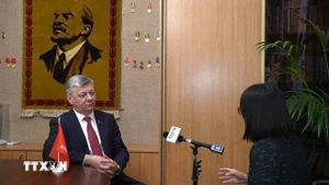 Dmitry Georgievich Novikov, first vice chairman of the Communist Party of the Russian Federation (KPRF) and a member of the State Duma, in an interview with a Viet Nam News Agency correspondent in Russia. (Photo: VNA)
