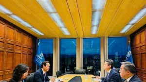 Ambassador Mai Phan Dung, Permanent Representative of Viet Nam to the United Nations and other international organisations in Geneva holds a meeting with representatives from WIPO. (Photo: VNA broadcasts)