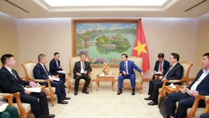 At the meeting between Deputy Prime Minister Tran Hong Ha (R) and Wang Bo, general manager of China Railway No.6 Engineering Group Co., Ltd. (Photo: VNA)