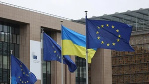 Flags of European Union (EU) and Ukraine are seen at the EU headquarters in Brussels, Belgium, February 24, 2025. (Photo: Xinhua)