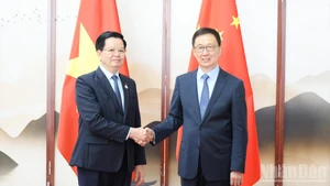 Deputy Prime Minister Mai Van Chinh (L) meets with Chinese Vice President Han Zheng in Nanning city on September 16, 2025. (Photo: NDO)
