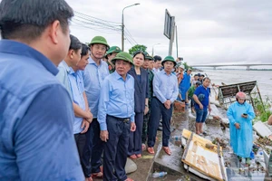 Politburo member and Permanent Member of the Secretariat Tran Cam Tu inspecting embankment erosion in Duy Nghia Commune.
