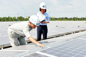 Inspecting and maintaining solar batteries at the Aquaone Hau Giang Water Plant. (Photo: Quoc Tuan)