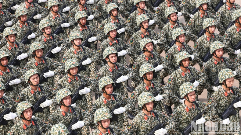 Male officers of the special forces marching at the general rehearsal.