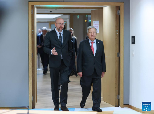 UN Secretary-General Antonio Guterres (R) and European Council President Charles Michel attend the European Union (EU) summit in Brussels, Belgium, on March 21, 2024. (Photo: Xinhua/Zhao Dingzhe)