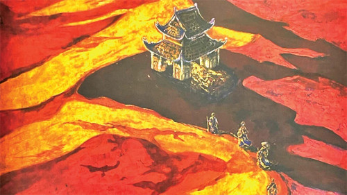 A painting by Chu Nhat Quang featuring the art of water puppetry