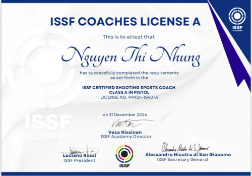 Nguyen Thi Nhung was granted the ISSF certificated shooting sports coach class A in pistol.