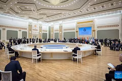 This photo taken on Oct. 9, 2026 shows a scene of a meeting of the Commonwealth of Independent States (CIS) Council of Heads of State in Turkmenbashi, Turkmenistan. Leaders of the member states of the CIS on Friday adopted a declaration marking the organization's 35th anniversary, which underscores the CIS's commitment to promoting strategic partnership among its member states. (Kazakhstan's presidential press service/Handout via Xinhua)
