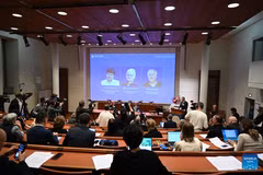 The 2026 Nobel Prize in Physiology or Medicine is announced in Stockholm, Sweden, Oct. 5, 2026. Karl Deisseroth, Peter Hegemann and Georg Nagel were awarded the 2026 Nobel Prize in Physiology or Medicine on Monday for their discoveries concerning light-gated ion channels and optogenetics, the Nobel Assembly at Sweden's Karolinska Institute announced. (Xinhua)