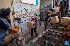 Palestinians receive food rations through the World Food Programme from one of its distribution centers in the Al-Tuffah area east of Gaza City, on Sept. 15, 2026. (Photo: Xinhua)