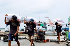 Workers carry bags of rice at a jetty in Yangon, Myanmar, Sept. 8, 2026. Myanmar exported 848,278 tonnes of rice and broken rice in the first five months of the current fiscal year 2026-27, which began in April, according to the Myanmar Rice Federation on Tuesday. (Xinhua)