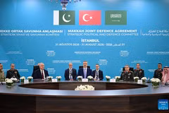 Top diplomats and defense chiefs from Türkiye, Saudi Arabia and Pakistan meet in Istanbul, Türkiye, on Aug. 31, 2026. Top diplomats and defense chiefs from Türkiye, Saudi Arabia and Pakistan met in Istanbul on Monday for the inaugural meeting of their joint defense committee, established under the recently signed Makkah Joint Defense Agreement. (Ministry of Foreign Affairs of the Republic of Türkiye/Handout via Xinhua)