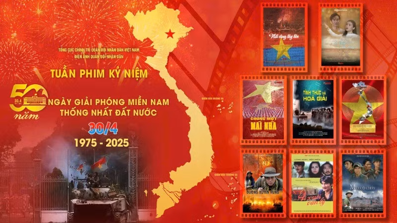 A poster introduces the film week commemorating the 50th anniversary of the Liberation of the South and National Reunification, as organised by the People's Army Cinema.