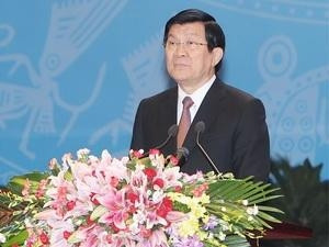 President Truong Tan Sang making his speech at the ceremony to celebrate 40 years since the signing of the Paris Agreeme