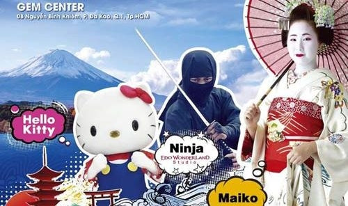 Iconic characteristics of Japanese culture, including Mount Fuji, Hello Kitty, ninjas, and Geishas