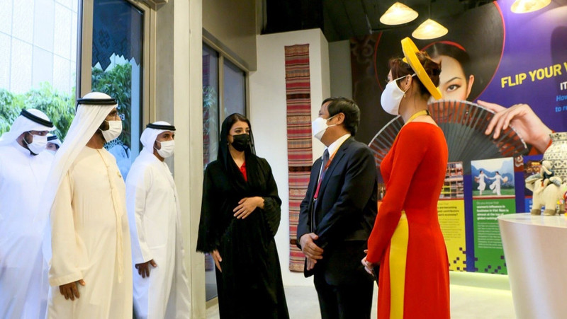 Vietnamese Ambassador to the UAE Nguyen Manh Tuan and Director of the Vietnam Pavilion Phung Thi Thanh Thuy had the great honour of welcoming Sheikh Mohammed bin Rashid Al Maktoum – the Vice President and Prime Minister of the UAE and Ruler of Dubai – during his visit to Vietnam Exhibition House on the occasion of International Women's Day. (Photo: EXPO 2020 Dubai)