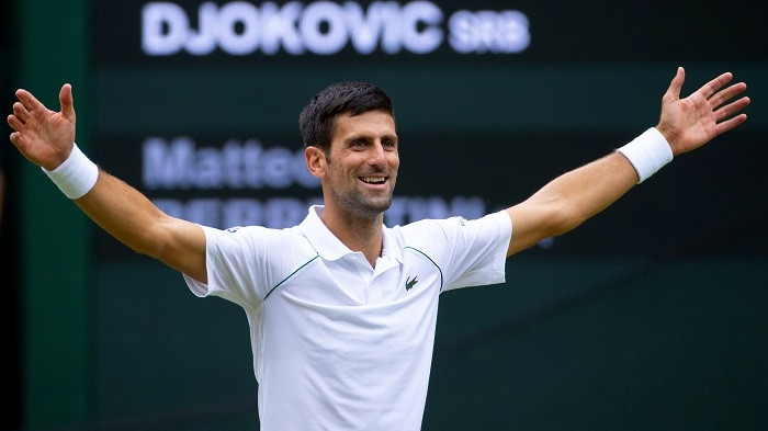Tennis - Wimbledon - All England Lawn Tennis and Croquet Club, London, Britain - July 11, 2021 Serbia's Novak Djokovic celebrates after winning his final match against Italy's Matteo Berrettini. (Photo: Pool via Reuters)