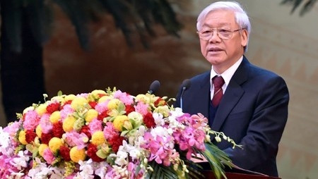 Party General Secretary Nguyen Phu Trong speaking at the ceremony to mark the 85th anniversary of the CPV on February 2