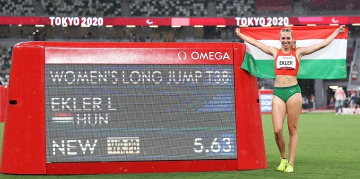 Luca Ekler of Team Hungary celebrates winning the gold medal with new world record after competing in the Women's Long Jump - T38 final on day 7 of the Tokyo 2020 Paralympic Games at Olympic Stadium on August 31, 2021 in Tokyo, Japan. (Photo: Getty Images)