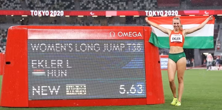 Luca Ekler of Team Hungary celebrates winning the gold medal with new world record after competing in the Women's Long Jump - T38 final on day 7 of the Tokyo 2020 Paralympic Games at Olympic Stadium on August 31, 2021 in Tokyo, Japan. (Photo: Getty Images)