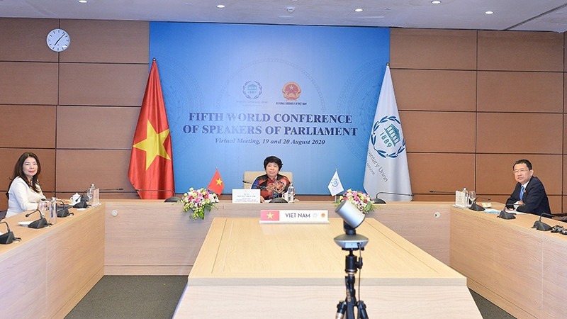 Vietnamese legislators attend the virtual fifth World Conference of Speakers of Parliament. (Photo: Hoang Quynh)