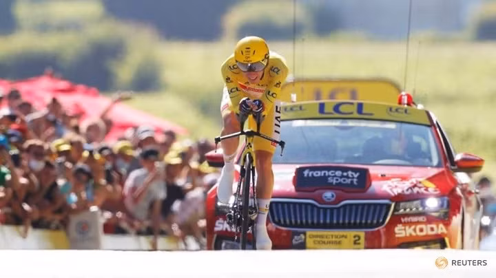 Cycling - Tour de France - Stage 20 - Libourne to Saint-Emilion - France - July 17, 2021 UAE Team Emirates rider Tadej Pogacar of Slovenia wearing the yellow jersey in action during stage 20. (Photo: Reuters)