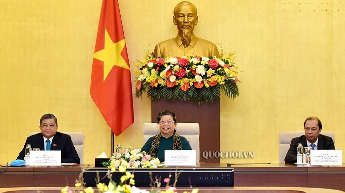 NA Vice Chairwoman Tong Thi Phong (C) speaks at the meeting. (Photo: quochoi.vn)