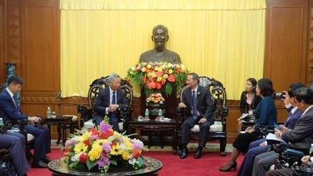 The meeting between Secretary of the Da Nang municipal Party Committee Truong Quang Nghia (R) and AIIB President Jin Liqun on November 8. (Credit: danang.gov.vn)