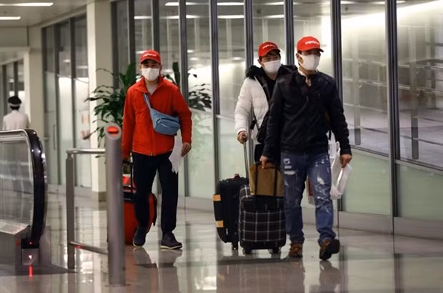 Passengers from Japan arrive at Noi Bai International Airport in Hanoi on January 1, 2022. Vietnam has reopened regular international flights on a pilot basis starting this year. (Photo: VNA)