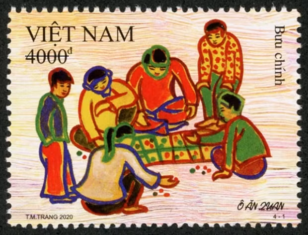 A stamp sample features 'o an quan' (mandarin square capturing) game.