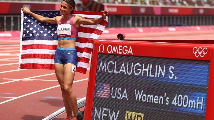 Gold medalist Sydney McLaughlin of Team United States celebrates after competing in the Women's 400m Hurdles Final on day twelve of the Tokyo 2020 Olympic Games at Olympic Stadium in Tokyo, Japan on August 04, 2021. (Photo: Getty Images)