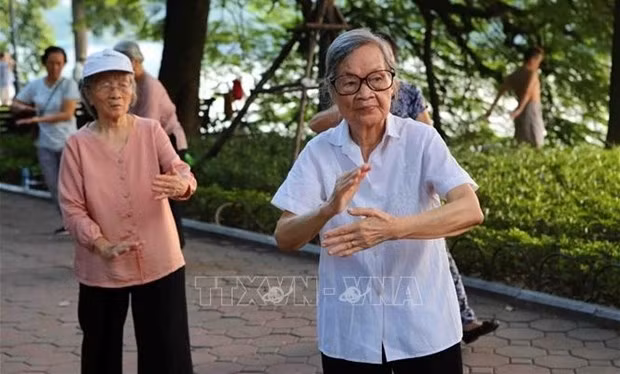 Elderly women doing physical exercise in the Hoan Kiem Lake area in Hanoi’s centre. (Photo: VNA)